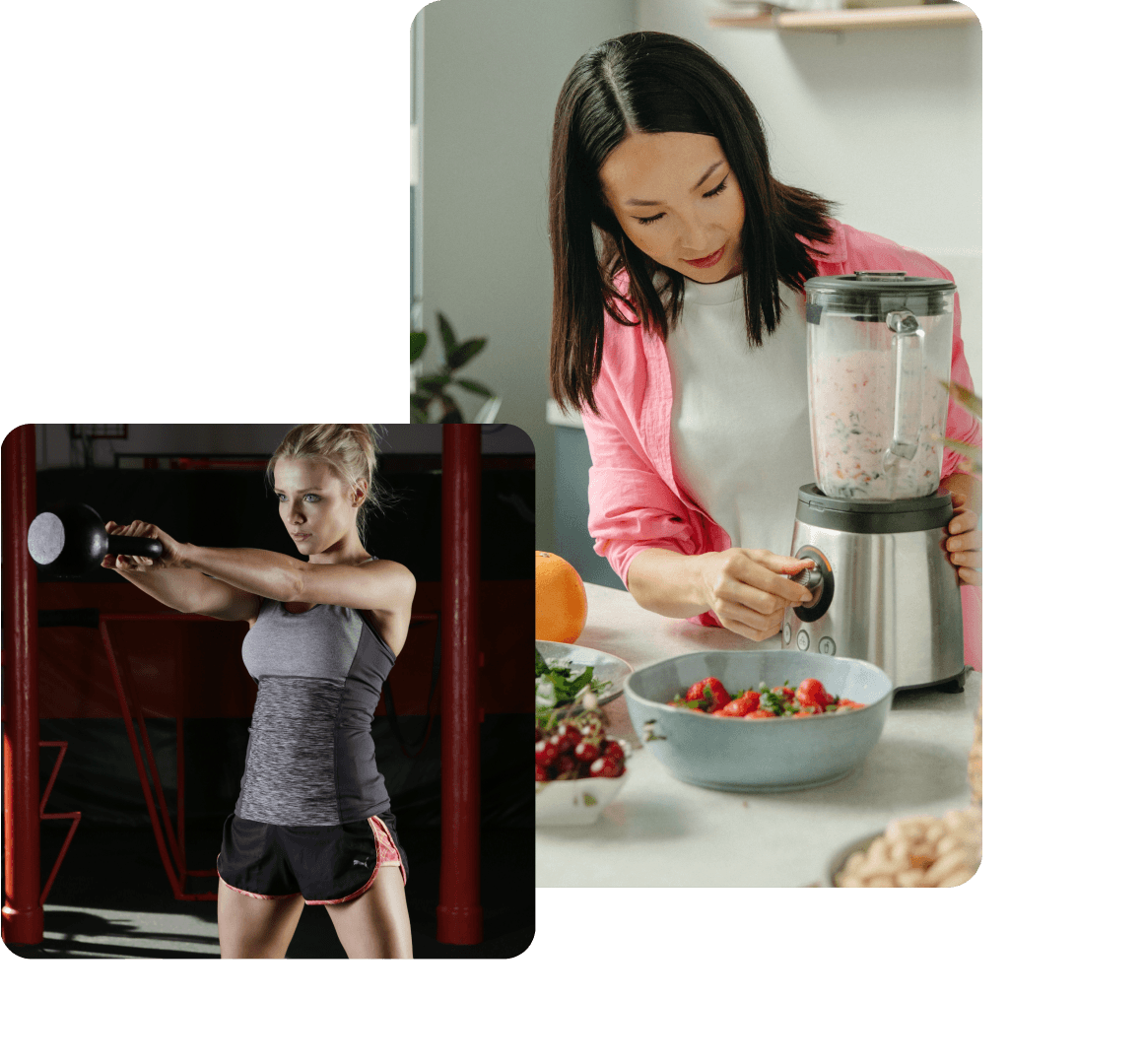 Woman making shake and woman working out